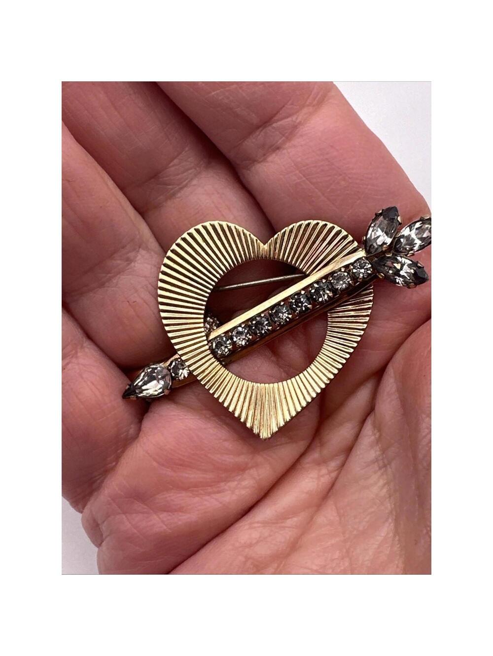 Vintage Van Dell Gold Filled Heart and Arrow Brooch Pin Clear / Gray Rhinestones